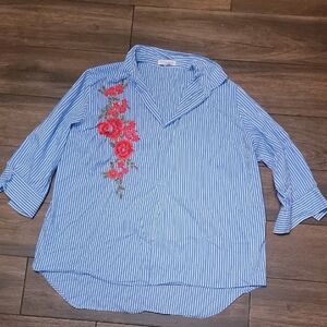 grand & greene Blue Striped Blouse with Red Floral Embroidery